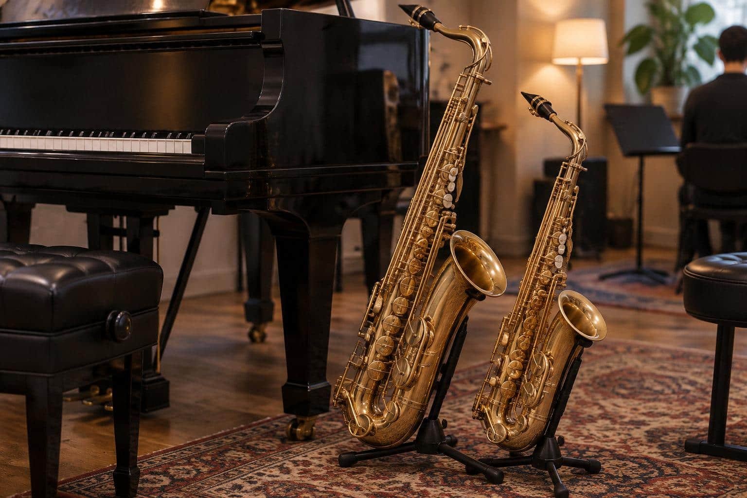 Deux saxophones dorés sur des supports se trouvent devant un piano noir, dans une pièce éclairée par une lampe et aménagée de tapis et de pupitres.