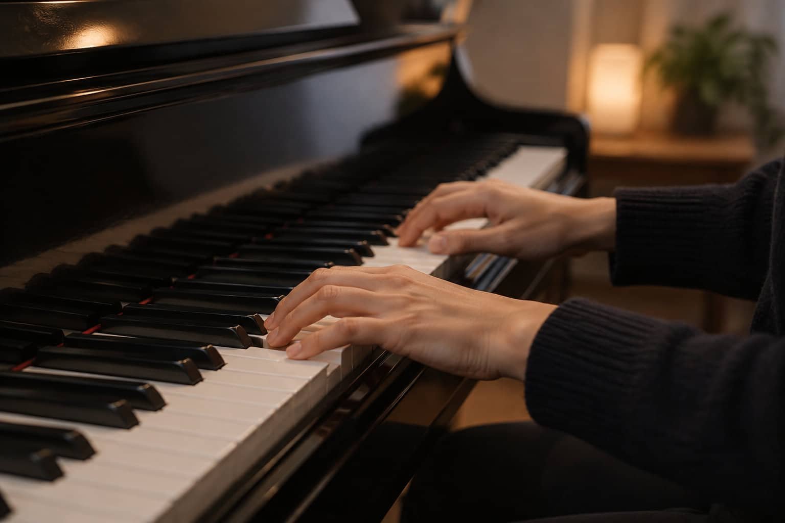 Deux mains jouent du piano à queue dans une pièce éclairée par une lampe, avec une plante en arrière-plan.