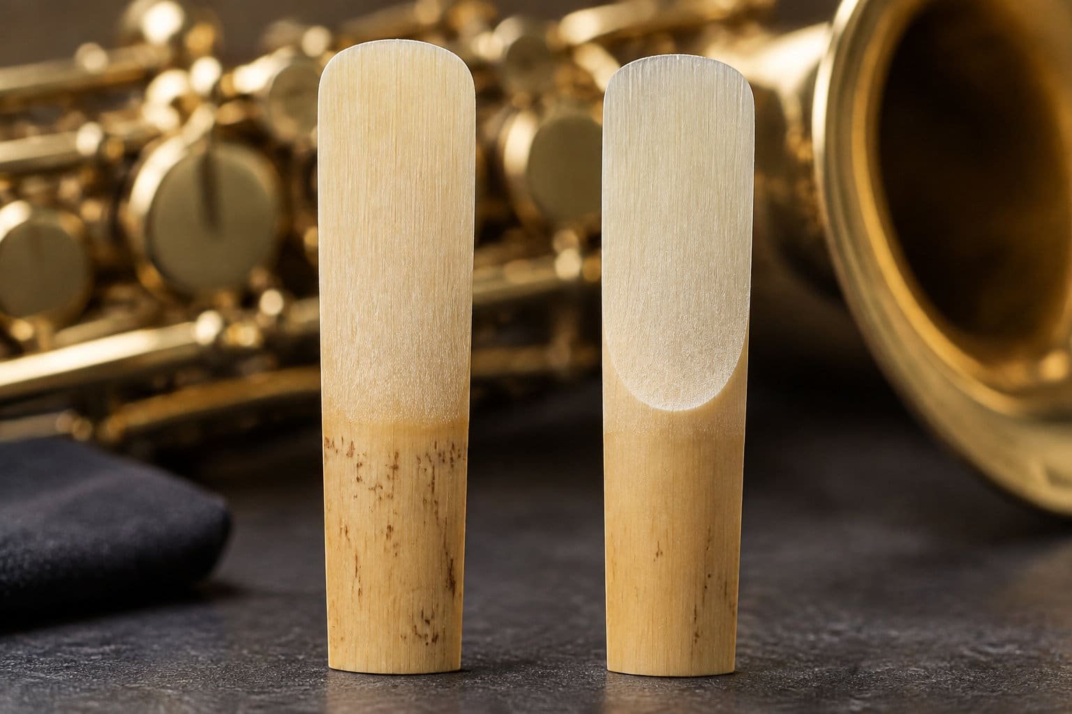 Deux pièces allongées de bois clair sont posées debout sur une surface sombre, avec des instruments métalliques flous en arrière-plan.