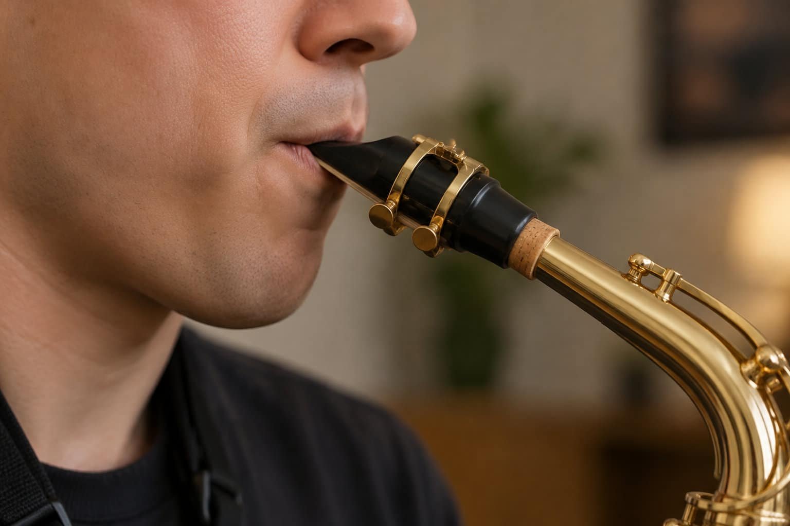 Gros plan sur une personne soufflant dans le bec d’un saxophone doré.