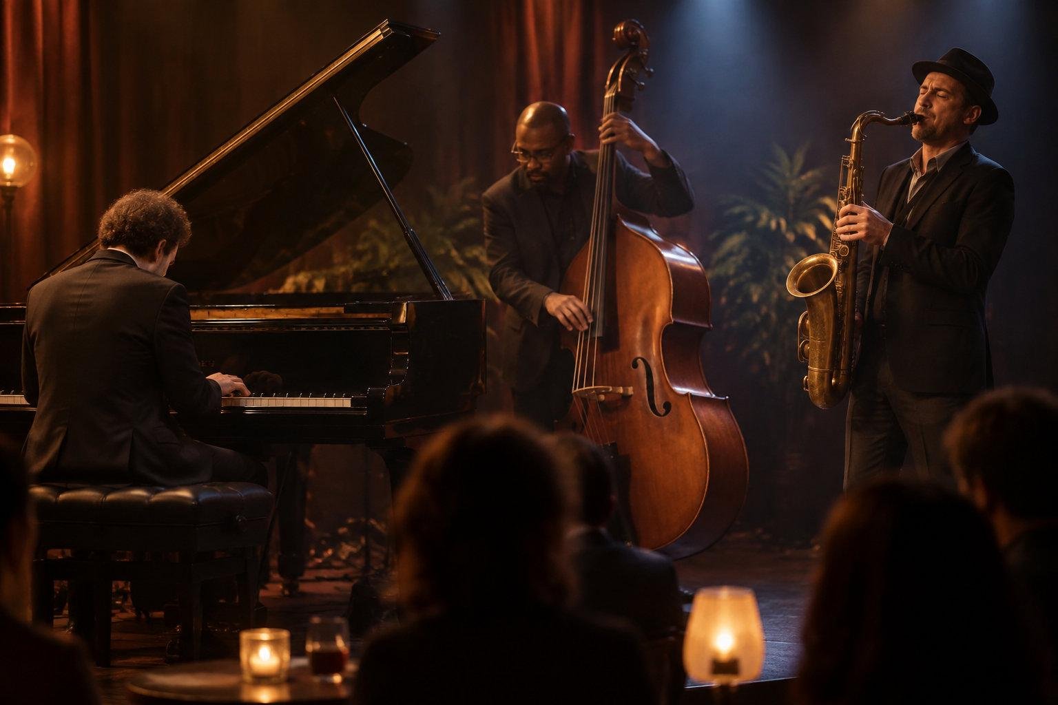 Un trio de jazz joue sur une scène tamisée : un pianiste, un contrebassiste et un saxophoniste, devant un public attablé à la lumière des bougies.
