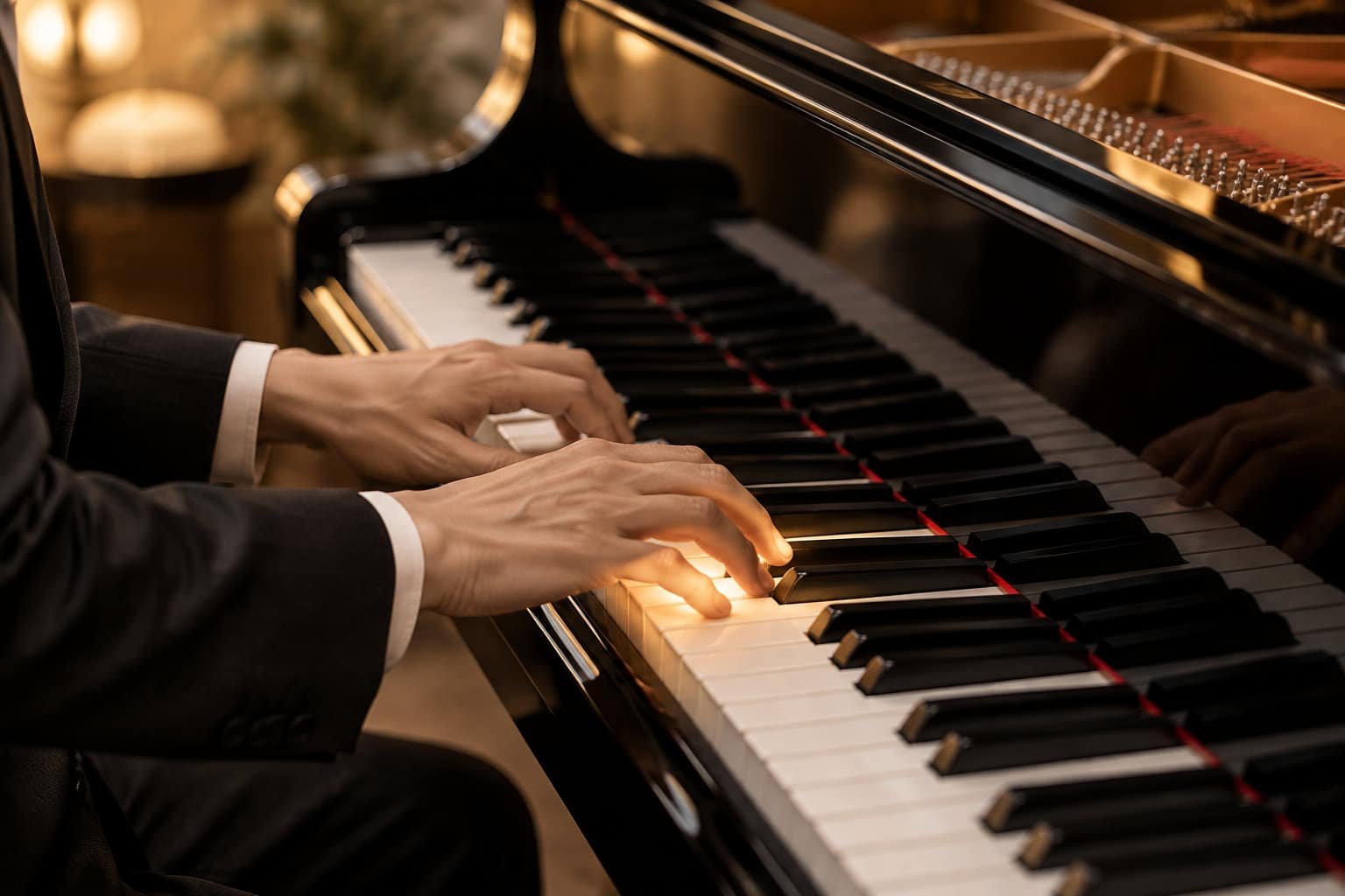 Un pianiste en costume joue sur le clavier d’un piano à queue dans une pièce éclairée par une lumière chaleureuse.