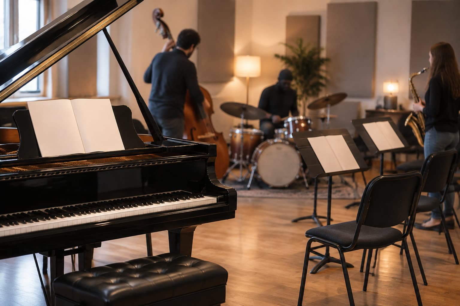 Un petit ensemble de jazz répète dans une salle avec un piano à queue, une contrebasse, une batterie et un saxophone, devant des pupitres et des chaises.