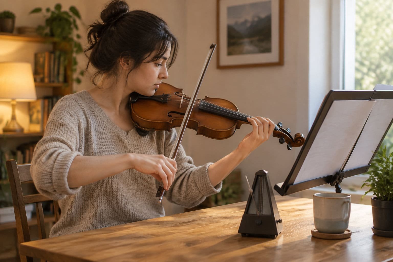 Une femme joue du violon devant un pupitre avec des partitions aux pages blanches, tandis qu’un métronome et une tasse sont posés sur la table.