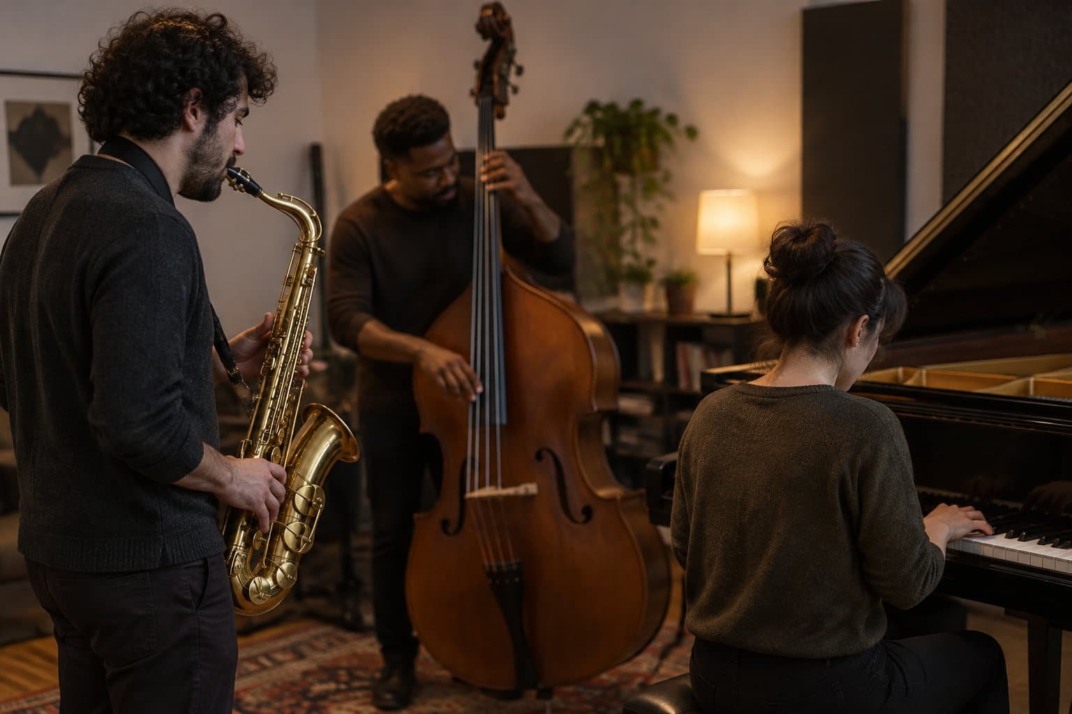 Un trio de musiciens joue du saxophone, de la contrebasse et du piano dans une pièce chaleureusement éclairée.