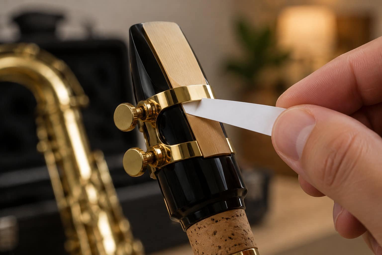 Une main glisse une fine bande de papier sous le bec d’un instrument à vent noir et doré, avec un saxophone flou en arrière-plan.