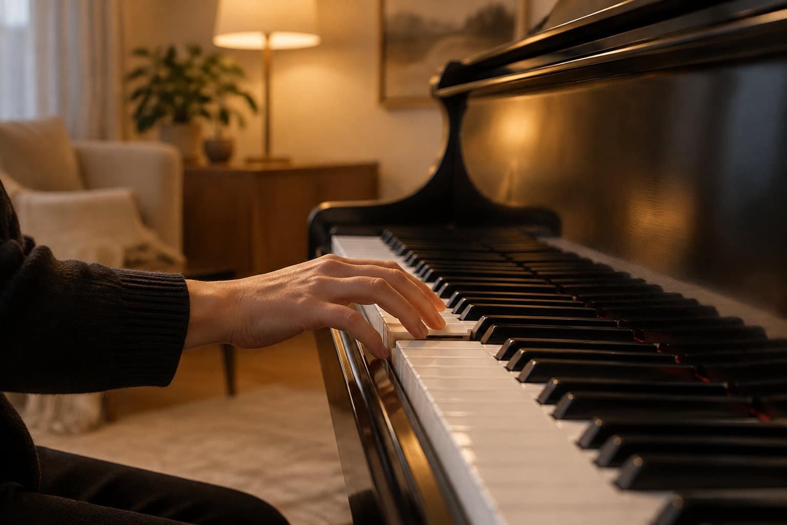 Une main joue du piano à queue noir dans un salon éclairé par une lampe.