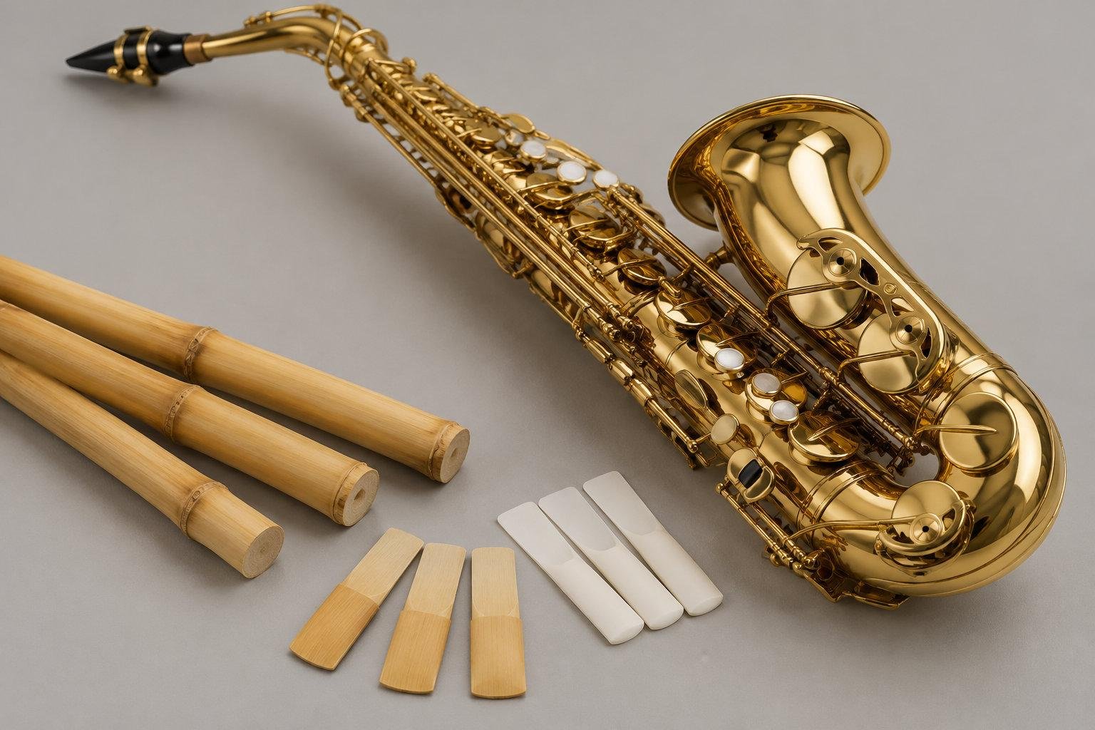 Un saxophone doré est posé à côté de plusieurs morceaux de bambou et de petites plaques blanches sur un fond gris.