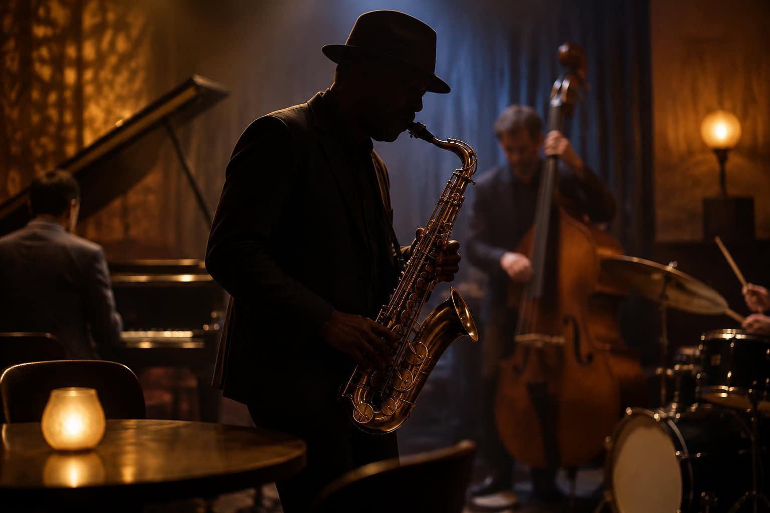 Un saxophoniste en costume et chapeau joue au premier plan, accompagné par un pianiste, un contrebassiste et un batteur dans une salle éclairée de lampes chaudes.