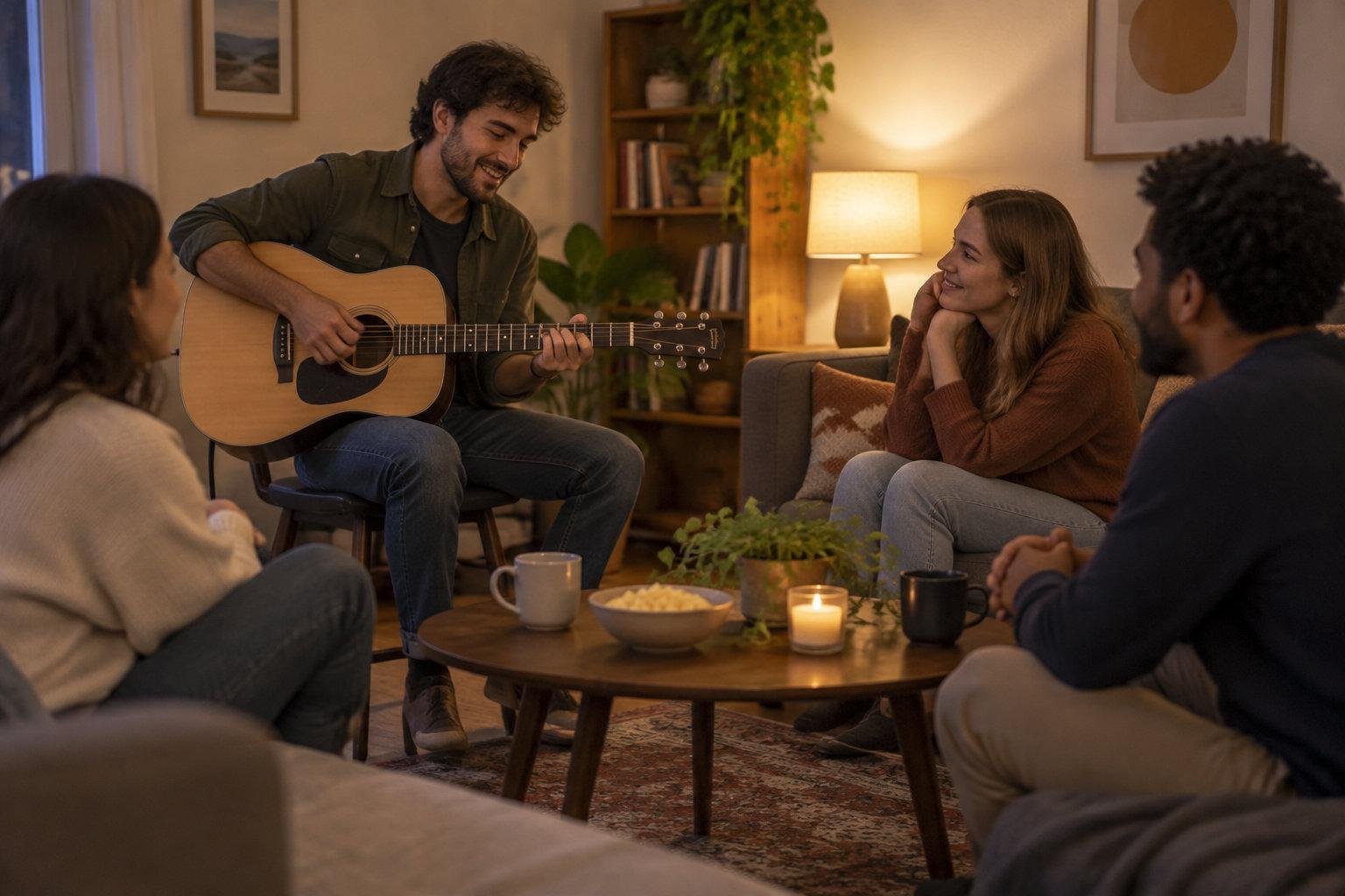Un homme joue de la guitare acoustique devant trois personnes réunies dans un salon chaleureux.