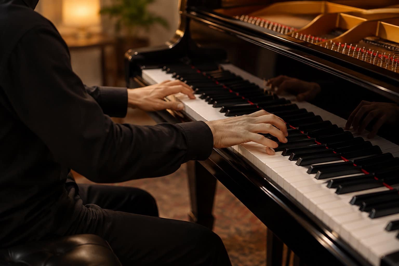 Une personne vêtue de noir joue du piano à queue dans une pièce éclairée par une lumière chaude.