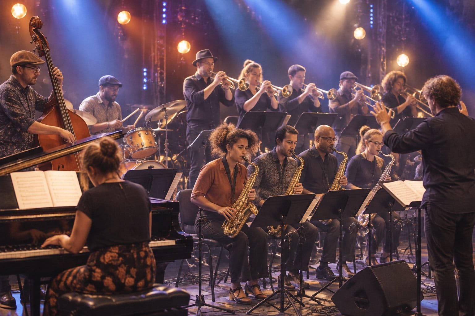 Un orchestre de jazz joue sur scène sous des éclairages colorés, avec un chef d’orchestre qui dirige les musiciens.