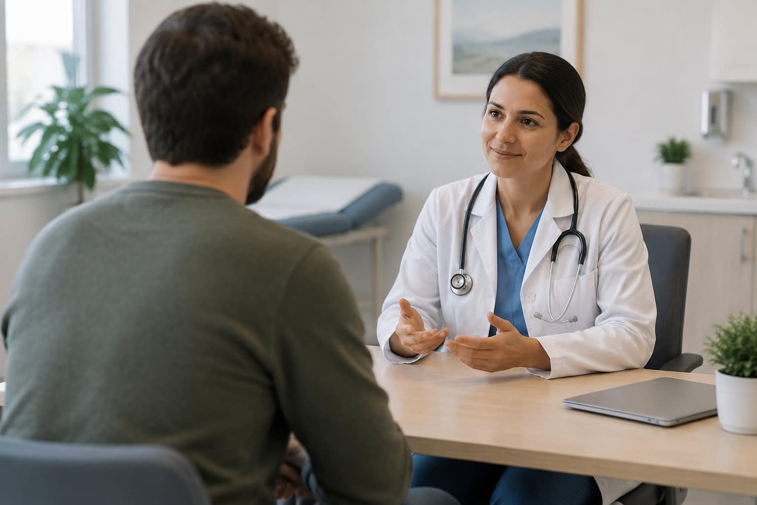 Une médecin en blouse blanche discute avec un patient assis en face d’elle dans un cabinet médical.