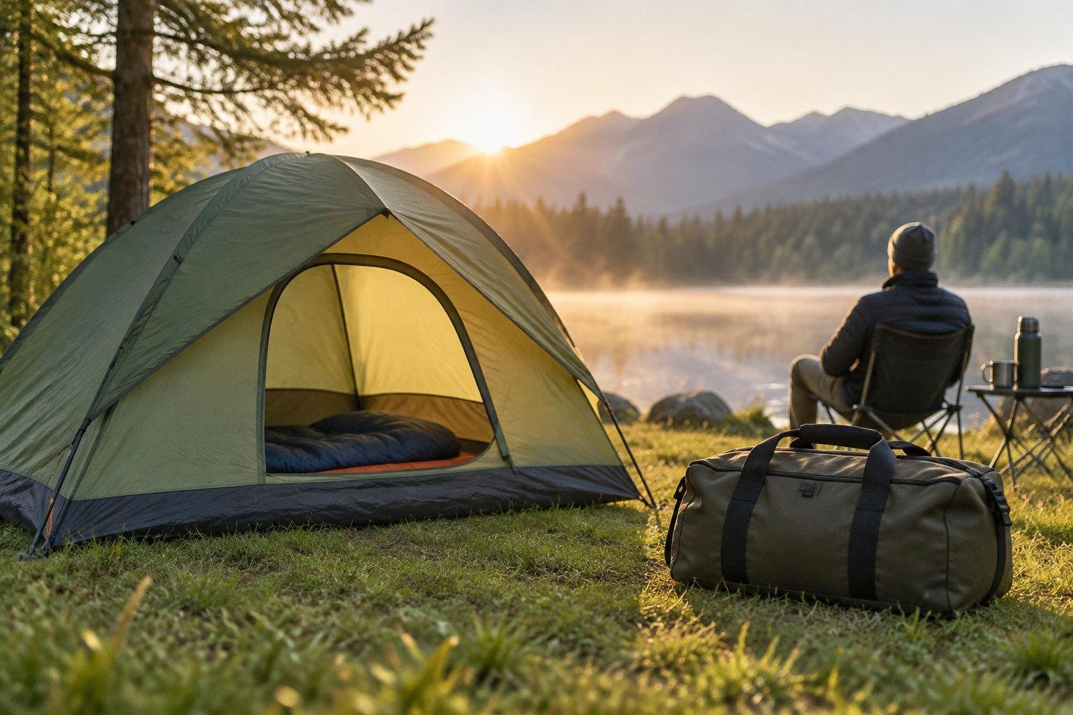 Une tente ouverte, un sac de voyage et une personne assise près d’une table pliante sont installés au bord d’un lac, face aux montagnes au lever du soleil.