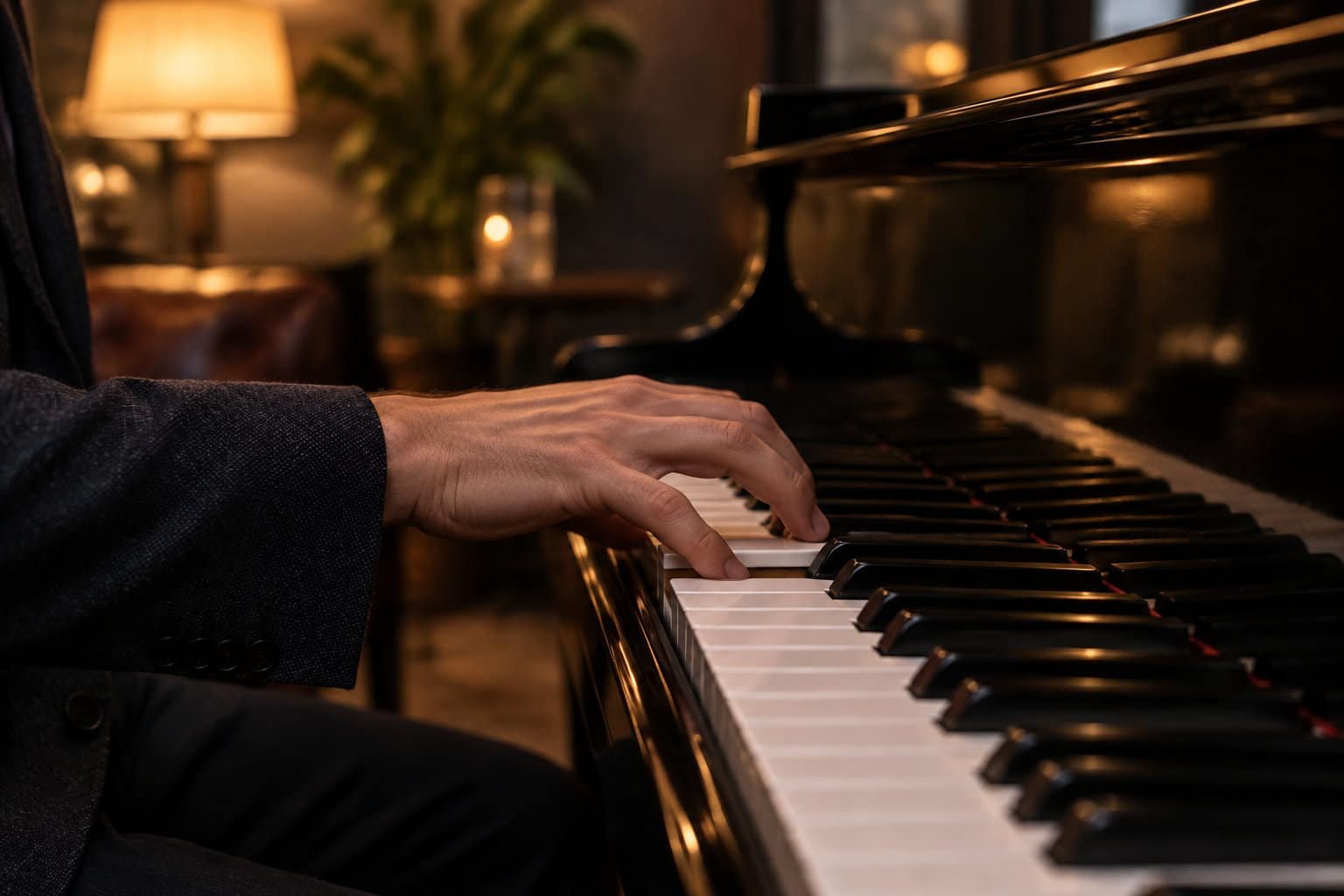 Une personne en costume joue du piano dans une pièce à l’éclairage chaleureux.