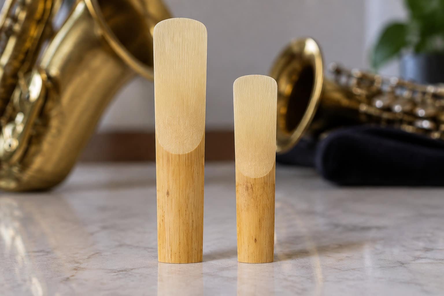 Deux anches en bois sont posées debout sur une surface claire, devant un instrument de cuivre flou.