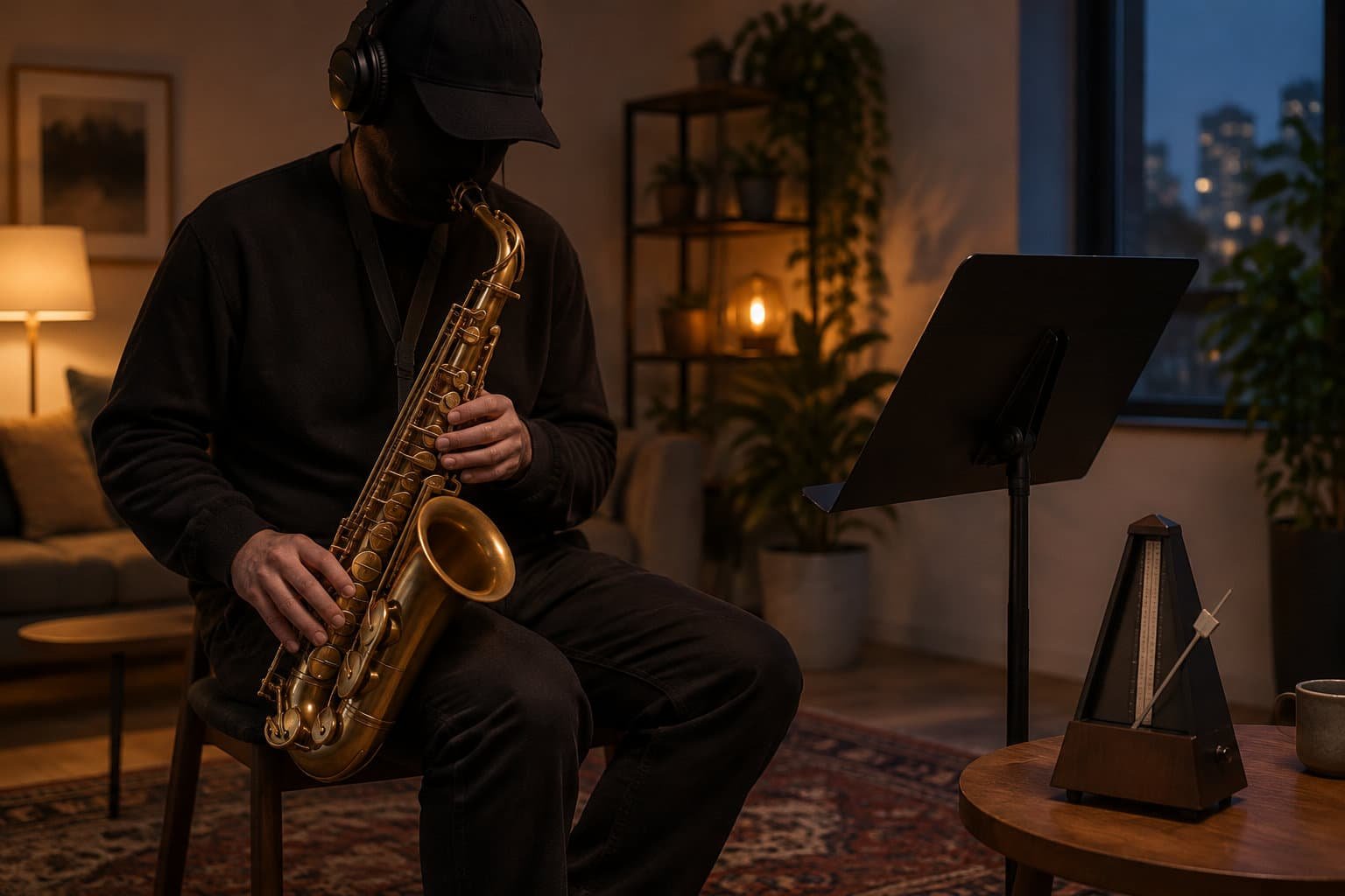 Un musicien portant une casquette et un casque joue du saxophone devant un pupitre, tandis qu’un métronome est posé sur une table dans un salon tamisé.