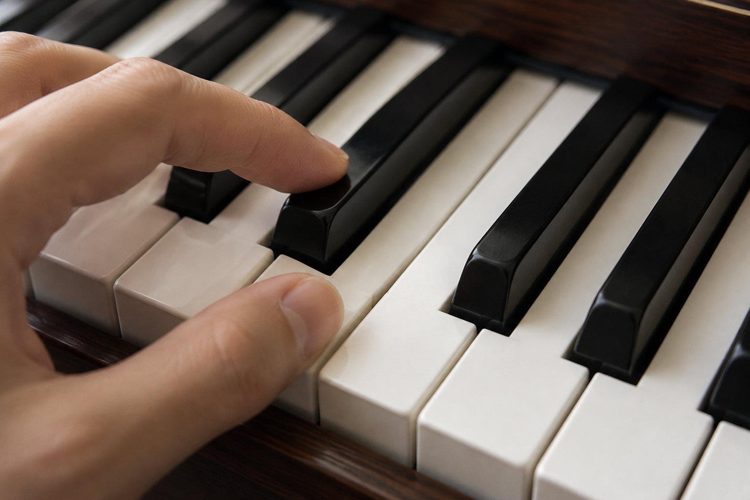 Une main joue sur les touches noires et blanches d’un piano.