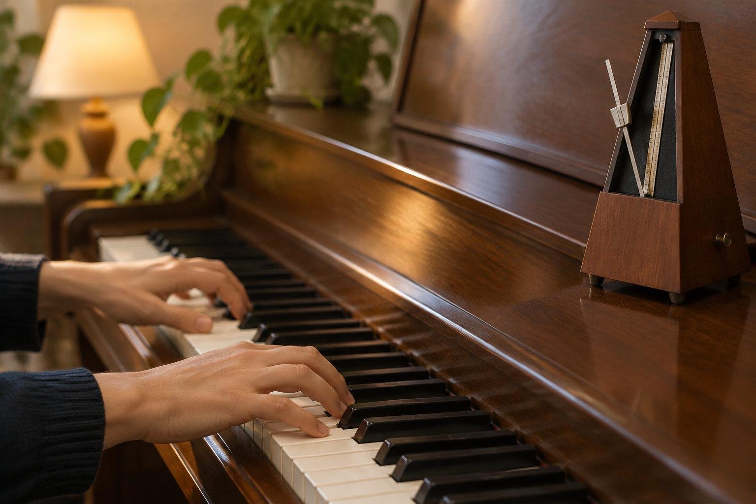 Des mains jouent du piano à côté d’un métronome posé sur l’instrument, dans une pièce éclairée par une lampe et décorée de plantes.