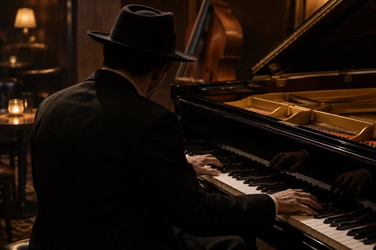 Un homme coiffé d’un chapeau joue du piano à queue dans une salle faiblement éclairée.