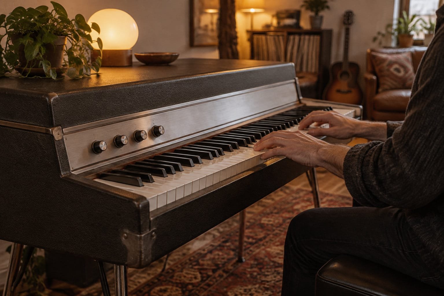 Une personne joue du piano électrique dans un salon chaleureux, décoré de plantes, d’un tapis et d’une guitare.