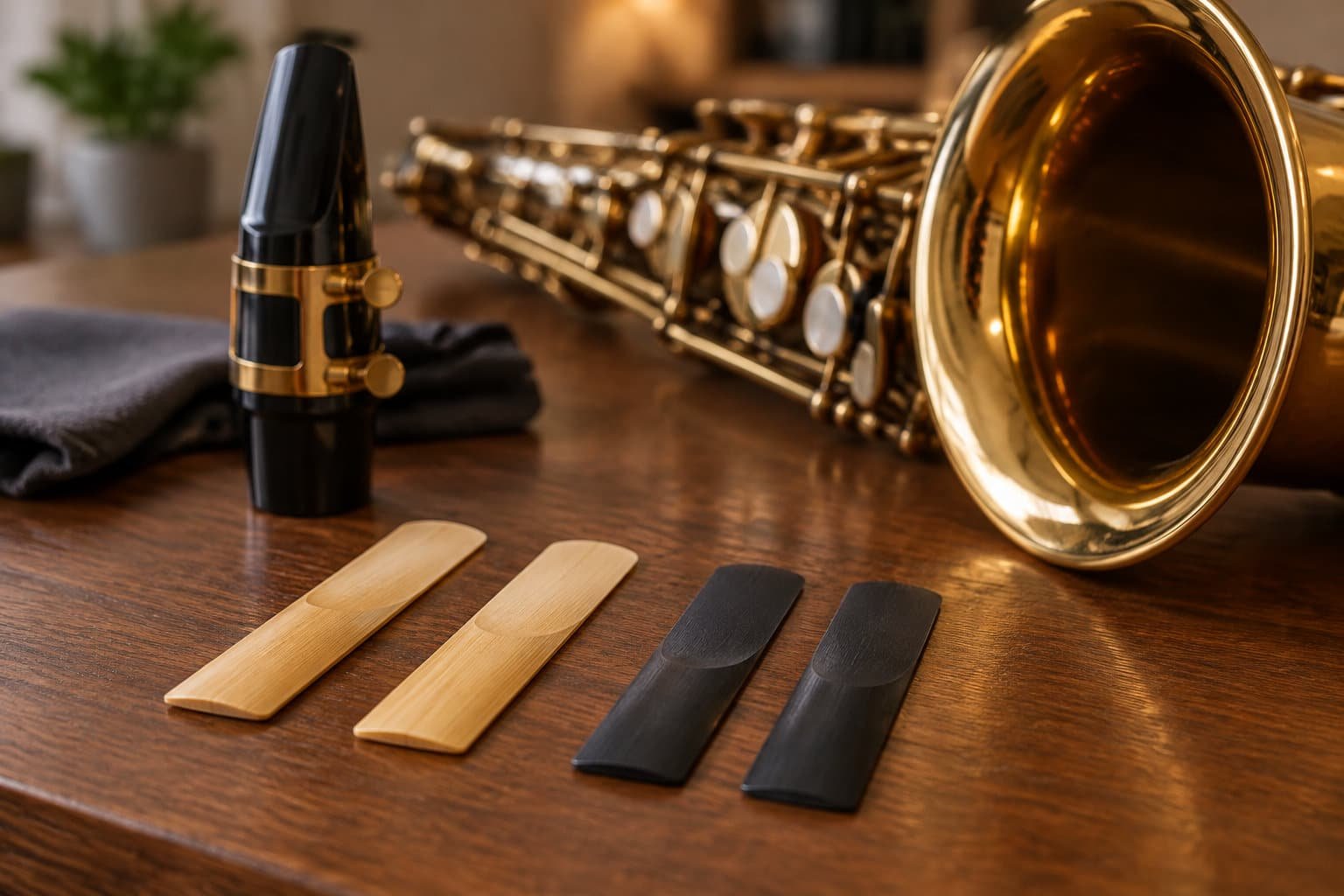 Un saxophone doré et son bec sont posés sur une table en bois, près de quatre anches et d’un chiffon sombre.