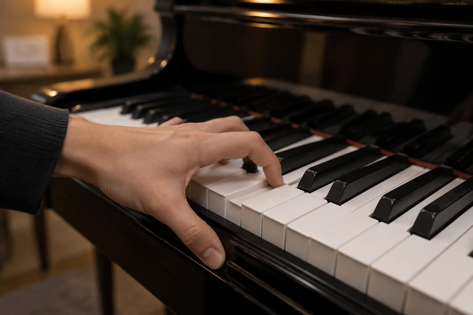 Une main appuie sur les touches d’un piano noir et blanc dans une pièce éclairée par une lumière chaude.