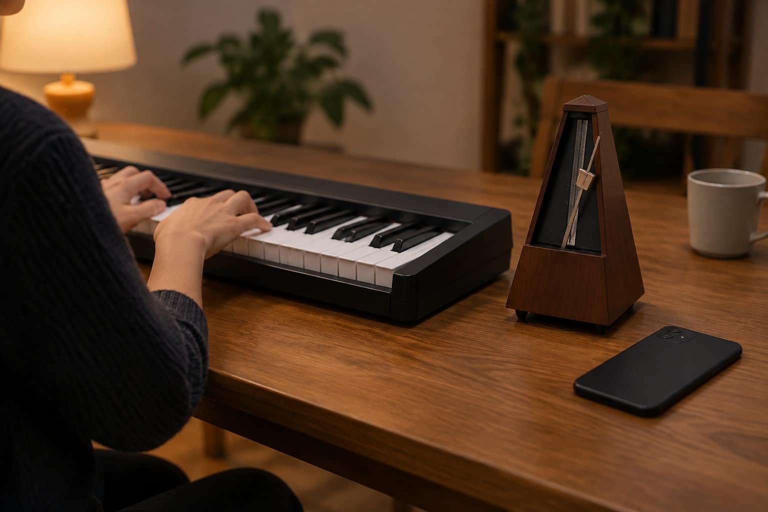 Une personne joue du piano numérique à côté d’un métronome, sur une table où se trouvent un téléphone et une tasse, dans une pièce éclairée par une lampe.