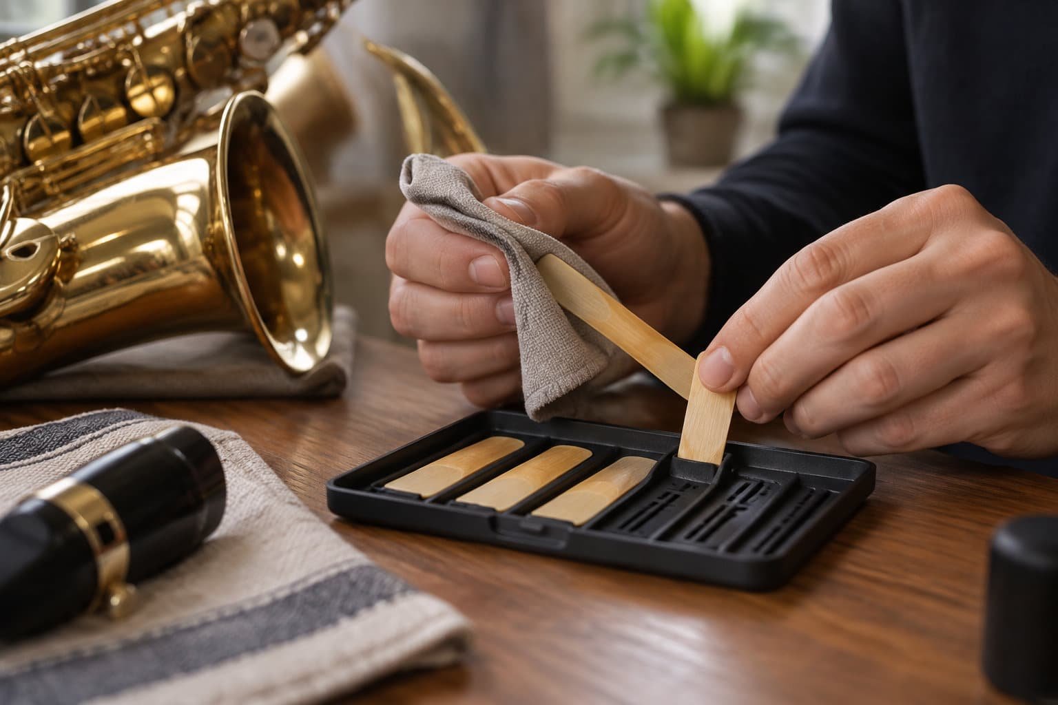 Des mains nettoient une anche en bois avec un chiffon près d’un saxophone doré et d’un étui contenant d’autres anches.