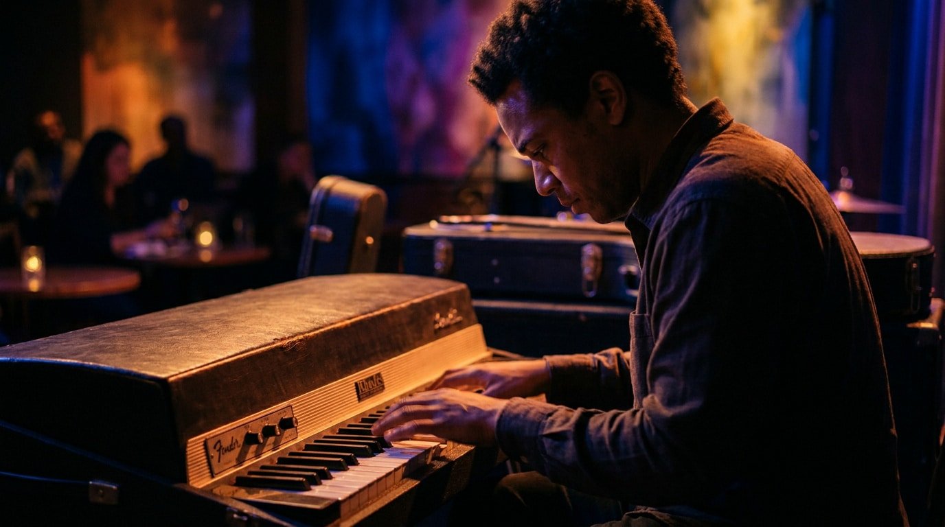 Improvisation sur un piano Rhodes Un pianiste concentré joue d'un piano électrique vintage Fender Rhodes dans un club de jazz sombre.