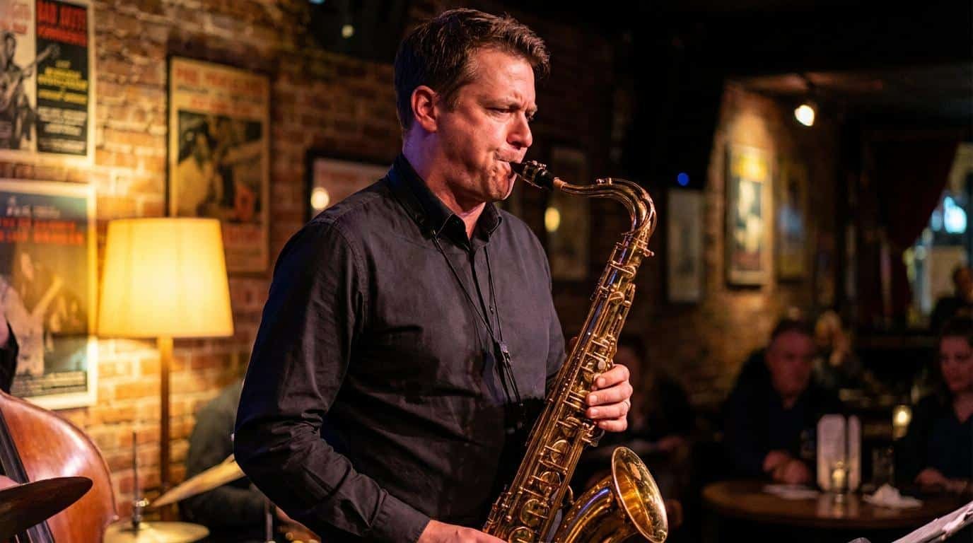 Maîtriser la respiration circulaire au saxophone Un saxophoniste joue dans une ambiance feutrée de club de jazz avec des murs en briques.