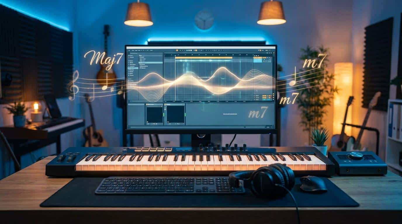 Utiliser les accords de septième dans vos productions Un studio de musique avec un clavier MIDI, un écran affichant un logiciel de MAO et des notations d'accords en surimpression.